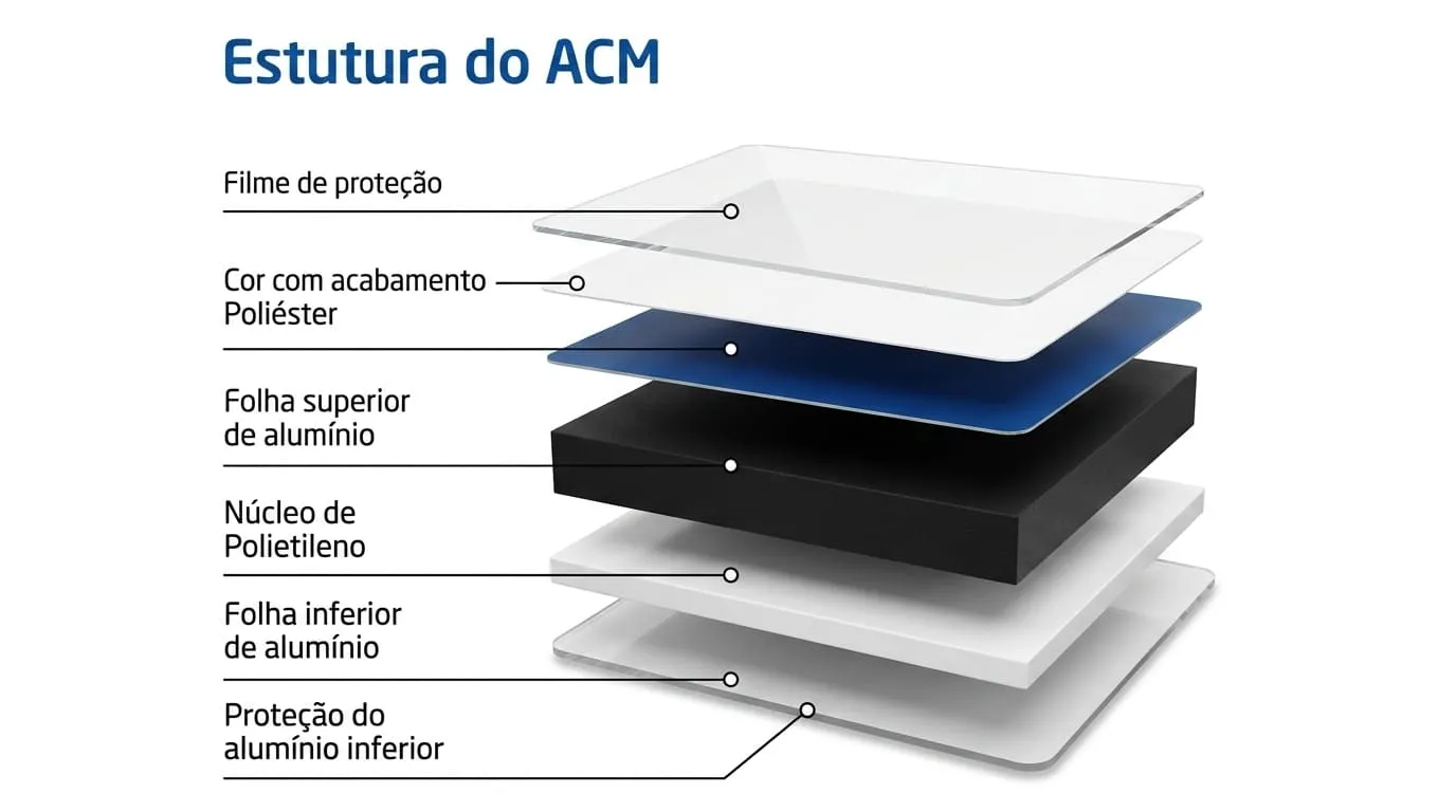 Estrutura interna da chapa de ACM com núcleo de polietileno entre duas lâminas de alumínio