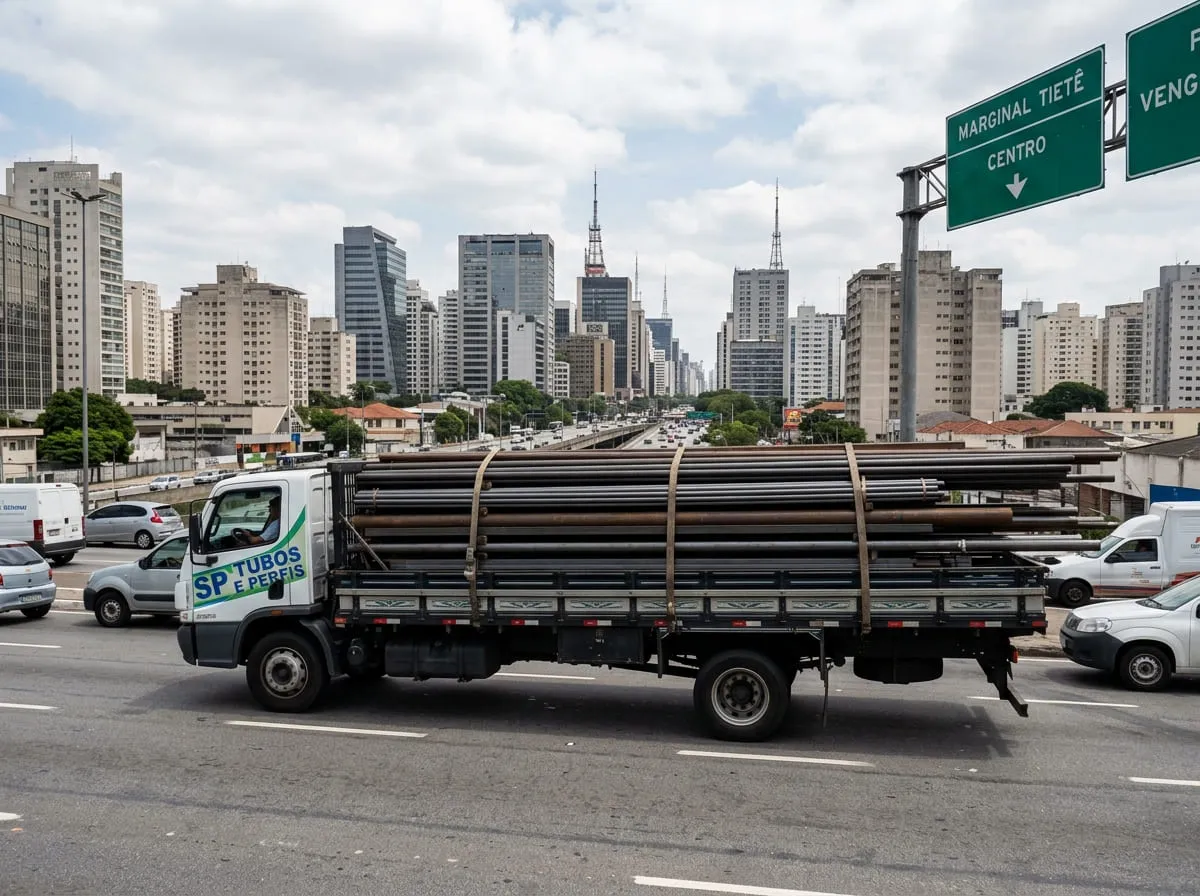 Galpão industrial de serralheria com estruturas de tubos galvanizados