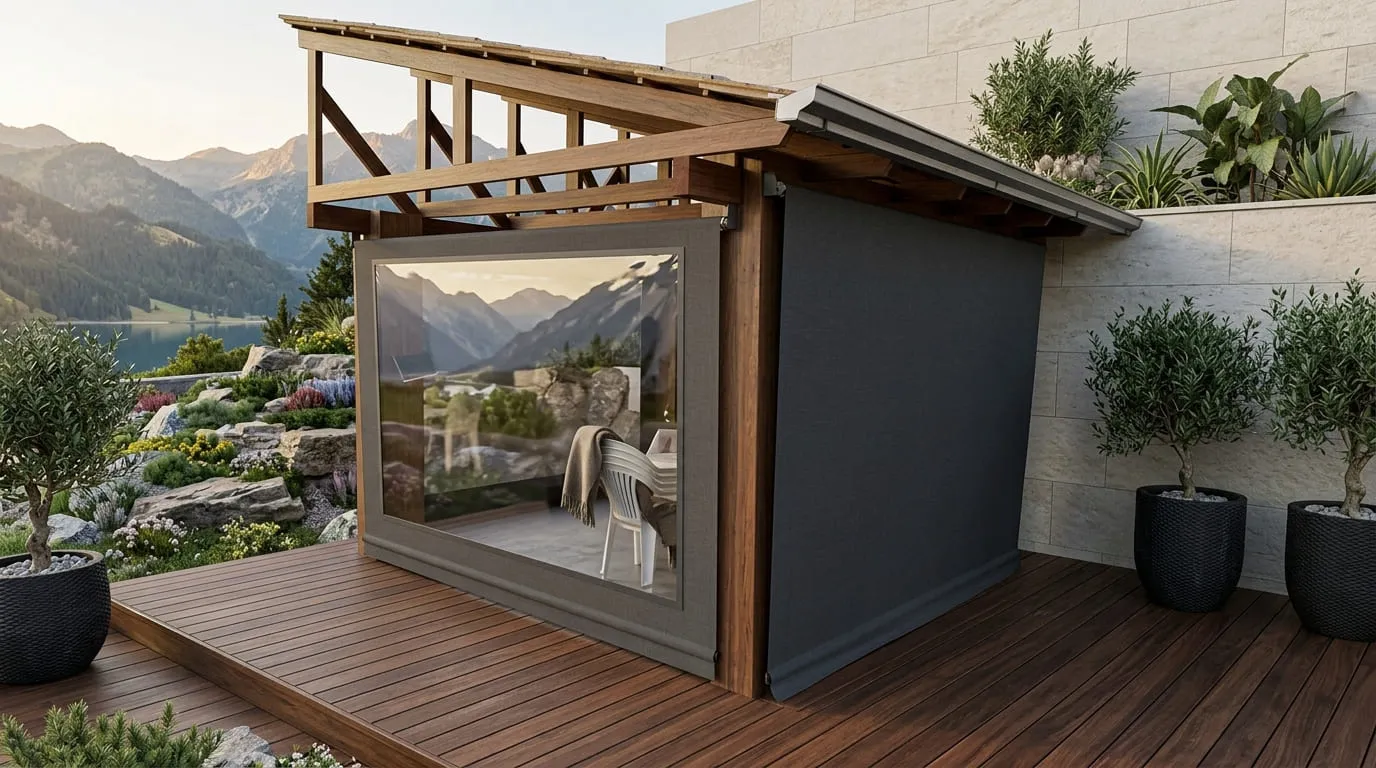 Toldo cortina instalado em quiosque e área de restaurante