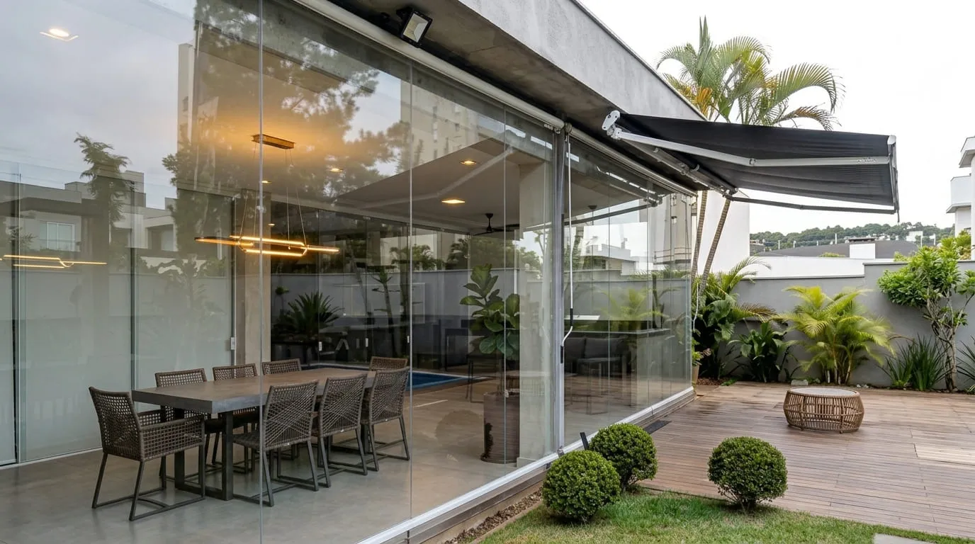 Toldo cortina instalado em varanda residencial
